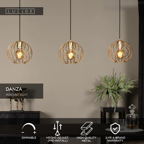 Lucide DANZA - Pendant light - 3xE27 - Matt Gold / Brass - USP